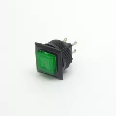 Кнопка квадратная, 4pin, OFF-ON, AC 220/250V 1.5A, подсв.:зеленый, нормально разомкнут, толкатель: зеленый, корпус: черный (DS-510-540) -  1.5A - Радиомир Саратов
