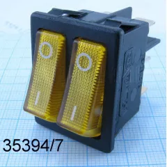 Клавишный переключатель прямоугольный двойной, 6pin, 2xON-OFF, AC 220/250V 16A, подсв.:желтый, 27x22мм, Фланец: 32х25мм, корпус: черный (KCD4-202/N, Sc-767 6с) - Прямоугольный "широкий-двойной" - Радиомир Саратов