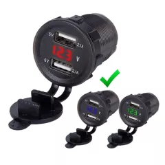 АДАПТЕР USB х 2 (2.1A max ) (Цвет подсветки Синий) с ВОЛЬТМЕТРОМ "TDS TS-CAU49"  для зарядки в Авто; монтаж в панель,врезной, d=28 мм ( с гайкой ); Uпит:12-24V DC; вых: 5V 2A; 2pin ( 2 клеммы: 6,3мм ) для подключ; +защитная заглушка - Зарядные устройства в АВТО (круглые врезные) - Радиомир Саратов