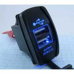 АДАПТЕР USB х 2 (2A max) для зарядки в Авто;монтаж в панель, прямоугольный, врезной, ВШГ- 35х 20 х30 мм, с защёлками, подсветка синяя Uпит:12-24v D - Зарядные устройства в АВТО (прямоугольные  врезные) - Радиомир Саратов