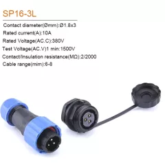 Разъем герметичный М16 3pin (IP68) КОМПЛЕКТ на кабель+на корпус(под гайку) (штыревая+гнездовая часть) SP16-3L НА КОРПУС Черный/синий обрезиненный пластик - Герметичный разъм SP16 (М16мм) - Радиомир Саратов