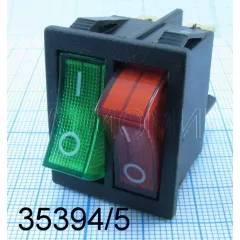 Клавишный переключатель прямоугольный двойной, 6pin, 2xON-OFF, AC 220/250V 15A, подсв.:красный/зеленый, 27x22мм, Фланец: 32х25мм, корпус: черный (KCD4-202/N, KCD8-212N, KCD3, IRS-2101, Sc-797 6с) - Прямоугольный "широкий-двойной" - Радиомир Саратов