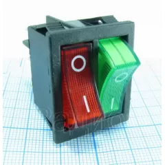 Клавишный переключатель прямоугольный автомобильный, 6pin, 2xON-OFF, 12V 20A, подсв.:красный/зеленый (U:3V), 27x22мм, Фланец: 32х25мм, IP55 (KCD4-202/N) - Прямоугольный "широкий-двойной" - Радиомир Саратов