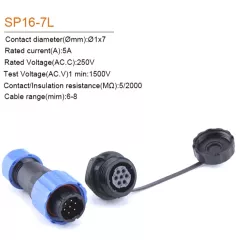 Разъем герметичный М16 7pin (IP68) КОМПЛЕКТ на кабель+на корпус(под гайку) на кабель+на корпус(под гайку) (штыревая+гнездовая часть) SP16-7L НА КОРПУС Черный/синий обрезиненный пластик - Герметичный разъм SP16 (М16мм) - Радиомир Саратов