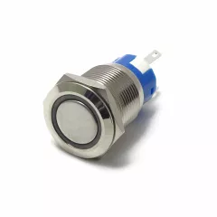 Антивандальная кнопка круглая, 5pin, OFF-ON, 12V 3.0A, под пайку, подсв.:зеленый (U:12V), d:16мм Фланец: 18мм (SC-984) - Кнопка с фиксацией 16ММ - Радиомир Саратов