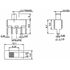 Переключатель движковый (ползунковый), 3pin, 2 полож., ON-ON, 50V 0.5A, 12x5,5x5,5мм, Толкатель h=3мм, DIP, корпус: стальной SS12F44G3 - Движковые/Ползунковые - Радиомир Саратов