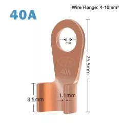 КЛЕММА КОЛЬЦЕВАЯ ПОД М6 НЕИЗОЛ МЕДЬ 40A сечение провода 4.0-10мм2 внутр.d=6.2mm/внешн.D=8.5mm h=26mm OT-40A (Под обжим) -  М6 - Радиомир Саратов