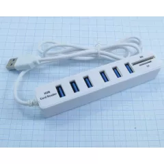 Разветвитель USB-2.0 (6 входов) 6port + CARD READER  SD/Micro SD/T-Flash/SDHC/SDXC; "JC 6+2 6USB" 480mbps; с питанием; 500mA; L кабеля 1м; цвет: Белый - Разветвители USB - Радиомир Саратов