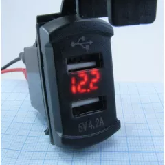 АДАПТЕР USB х 2 ( 2A max ) с ВОЛЬТМЕТРОМ (красный) ПРЯМОУГ для зарядки в Авто;монтаж в панель, прямоугольный, врезной, ВШГ- 35х 20 х30 мм, с защёлками Uпит:12-24v DC; вых: 5V/ 3.1A; 2pin (2 клеммы: 6,3мм ) для подключ; +защитная заглушка. - Зарядные устройства в АВТО (прямоугольные  врезные) - Радиомир Саратов