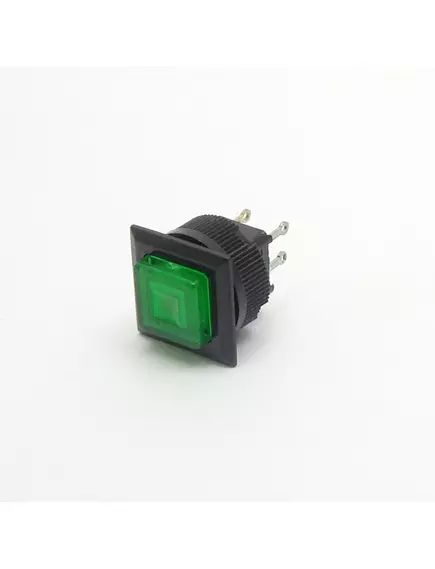 Кнопка квадратная, 4pin, OFF-ON, AC 220/250V 1.5A, подсв.:зеленый, нормально разомкнут, толкатель: зеленый, корпус: черный (DS-510-540) -  1.5A - Радиомир Саратов