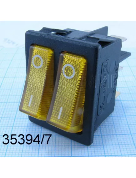 Клавишный переключатель прямоугольный двойной, 6pin, 2xON-OFF, AC 220/250V 16A, подсв.:желтый, 27x22мм, Фланец: 32х25мм, корпус: черный (KCD4-202/N, Sc-767 6с) - Прямоугольный "широкий-двойной" - Радиомир Саратов