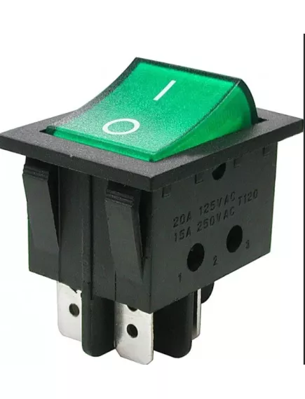 Клавишный переключатель прямоугольный, 4pin, 2xOFF-ON, AC 220/250V 16A, под клеммы 6.3мм, подсв.:зеленый, 27x22x21мм, Фланец: 32х25мм, IP55 (KCD4-201, 201 FS, влагозащита) - 15-16A Прямоугольный "широкий" - Радиомир Саратов