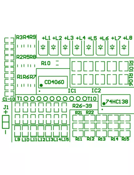 КОНСТРУКТОР П/ПЛАТА для обучения навыкам пайки SMD компонентов Комплект: п/плата 52*42*1,6мм, микросхемы CD4060BM sop16 ,*74HC138 sop16, светодиоды 3528-9шт(L1-L8) 0805 - 7шт(L9-L15), конденсатор 0603 - 10шт(C1-C10), резисторы 0603 - 14шт(R26-R39) + 10шт( - Конструкторы для начинающих электронные - Радиомир Саратов