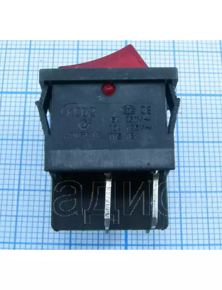 Клавишный переключатель прямоугольный автомобильный, 4pin, 2xON-OFF, 12V 6A, подсв.:красный (U:3V), 22x19мм, Фланец: 24х21мм, IP55 (KCD2-501/4PN, Sc-727) - Прямоугольный "широкий" - Радиомир Саратов
