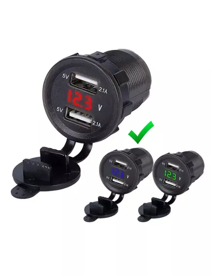 АДАПТЕР USB х 2 (2.1A max ) (Цвет подсветки Синий) с ВОЛЬТМЕТРОМ "TDS TS-CAU49"  для зарядки в Авто; монтаж в панель,врезной, d=28 мм ( с гайкой ); Uпит:12-24V DC; вых: 5V 2A; 2pin ( 2 клеммы: 6,3мм ) для подключ; +защитная заглушка - Зарядные устройства в АВТО (круглые врезные) - Радиомир Саратов