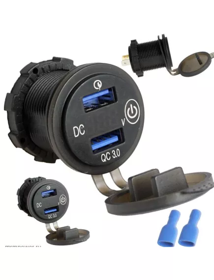 АДАПТЕР USB х 2 ( 5V/ 2.1A;х2) (Цвет подсветки Синий) д/ зар. в Авто; врезное; с индикац.(Пластик) Uпит:12v-24V DC; вых: 5v 4.2A; Одно гнездо USB поддерживает быструю зарядку QC3.0;  2pin ( клеммы для подключ: 6,3мм ) ;+защит.заглушка - Зарядные устройства в АВТО (круглые врезные) - Радиомир Саратов