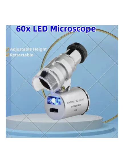 Минимикроскоп 60Х №9882 (X09) С подсветкой (2 св/д + УФ диод детектор) (батар. 3 х LR1130 в комплекте) С фокусировкой (ручная)  Размер: 40х40х20мм (карманный)  Материал: пластик  Цвет: серебристый  В футляре - Микроскопы - Радиомир Саратов