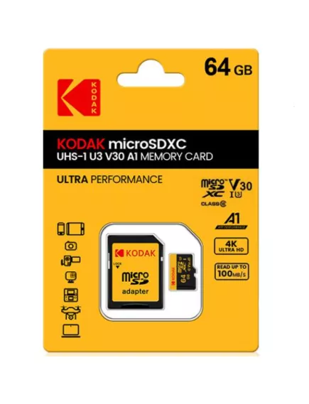 Flash card micro SDXC 64GB (class10)(+ адаптер SD) ( KODAK ) Тайвань SDXC UXS-I U3 V30 A1 - Карты памяти SD, microSD, USB флешки - Радиомир Саратов