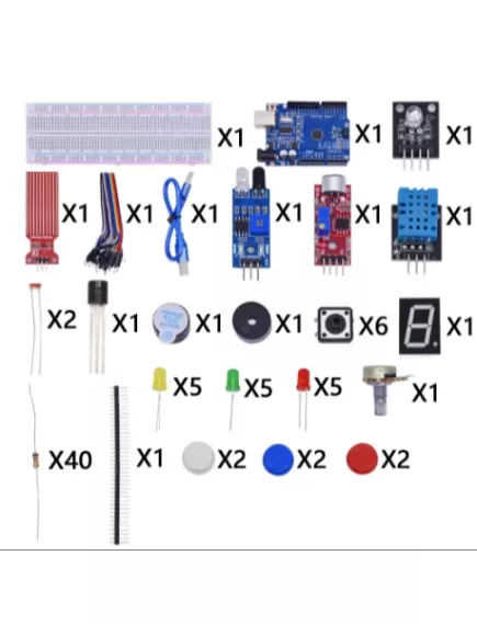 КОНСТРУКТОР ЭЛЕКТРОННЫЙ ARDUINO (стартовый,обучающий набор) (Модуль ArduinoUNO R3 на м/контр.ATmega328P(SMD); плата беспаечн.(400pin);1 х USB кабель;датчик температуры; 2 зуммера; модуль уровня воды; 4-разрядный дисплей трубки; звуковой модуль-1 шт., цвет - Наборы деталей ARDUINO - Радиомир Саратов