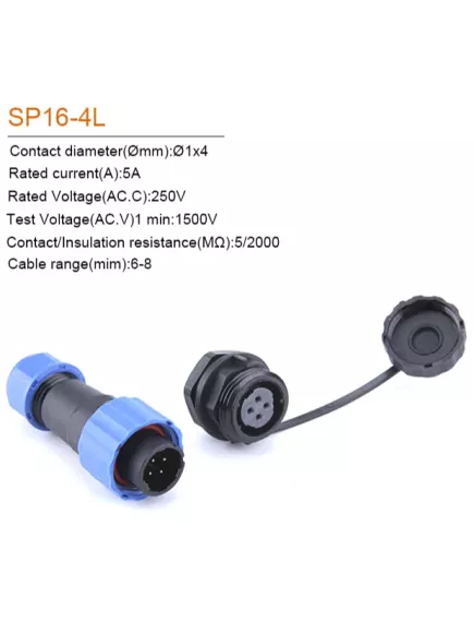 Разъем герметичный М16 4pin (IP68) КОМПЛЕКТ на кабель+на корпус(под гайку) на кабель+на корпус(под гайку) (штыревая+гнездовая часть) SP16-4L НА КОРПУС Черный/синий обрезиненный пластик - Герметичный разъм SP16 (М16мм) - Радиомир Саратов