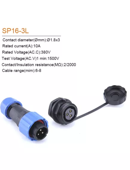 Разъем герметичный М16 3pin (IP68) КОМПЛЕКТ на кабель+на корпус(под гайку) (штыревая+гнездовая часть) SP16-3L НА КОРПУС Черный/синий обрезиненный пластик - Герметичный разъм SP16 (М16мм) - Радиомир Саратов