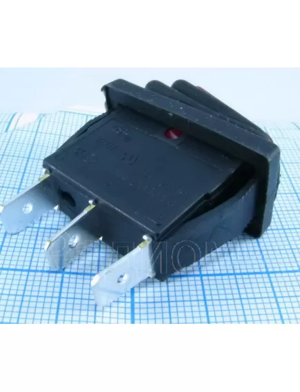 Клавишный переключатель прямоугольный автомобильный, 3pin, ON-OFF, 12V 6A, подсв.:красный (U:3V), 26x11мм, Фланец: 32х14мм, IP65 Влагозащ. (SB068, KCD3-12V, Sc-791, KCD3-101NW, 791WL, влагозащита) - Прямоугольный "узкий" - Радиомир Саратов