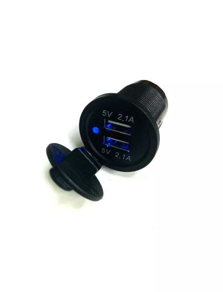 ГНЕЗДО USB х 2 (2.1A х 2) (Цвет подсветки Синий) для зарядки в Авто; врезное; (Пластик) с индикацией Uпит:12v-24v DC; вых: 5v 4.2A; 2pin (клеммы для подключения 6,3мм) + защитная заглушка - Зарядные устройства в АВТО (круглые врезные) - Радиомир Саратов
