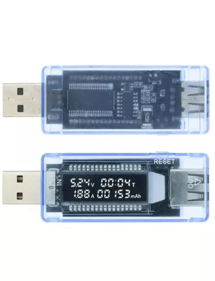 USB ТЕСТЕР напряжения и тока+подсчет емкости заряж. аккумуляторов U=4,0 -20,0V(10mV): A=0 -3A (10mA) Предназначен для измерения напряжения на выходе USB и потребляемого тока USB устройств.(кнопка сброса запомненных знач.)  прямой - 13.USB измерители напряжения, тока, ёмкости - Радиомир Саратов