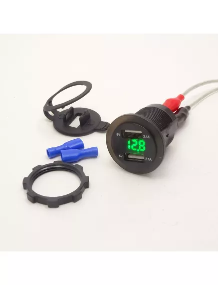 АДАПТЕР USB х 2 (2A max) (Цвет подсветки Зеленый) с ВОЛЬТМЕТРОМ для зарядки в Авто; монтаж в панель, врезной, d=27 мм (с гайкой) Uпит:12-24v DC; вых: 5v 2A; 2pin (2 клеммы: 6,3мм) для подключ; +защитная заглушка - Зарядные устройства в АВТО (круглые врезные) - Радиомир Саратов