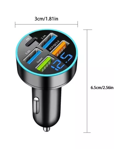 БЛОК ПИТ/ЗАРЯД УСТР АВТО 12V / USB-AFх4 + Type-C + Вольтметр: 5V(3A) USB(1,2,3):5V(3.1A) Super:5V(4A), 9V(2.5A) 12V(2A)A, CH40PD Quick charge 3.0 в Прикуриватель - С подсветкой с вольтметром бортовой сети - Радиомир Саратов