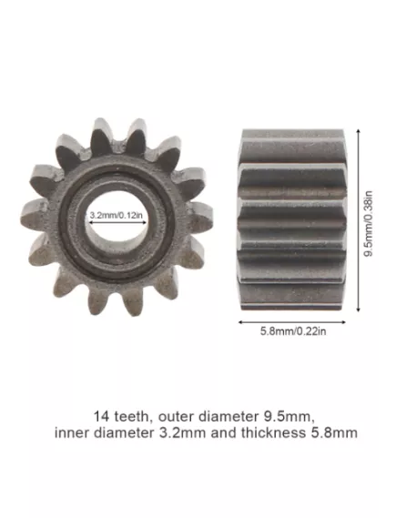 Шестерёнка для двигателя металл 9.5х5.8 1 ряд зубов ; кол-во зубов: 14 ; d=9.5мм ; толщина 5.8мм ; внутр. d=3.2мм - Шестерни для двигателей электроинструмента - Радиомир Саратов