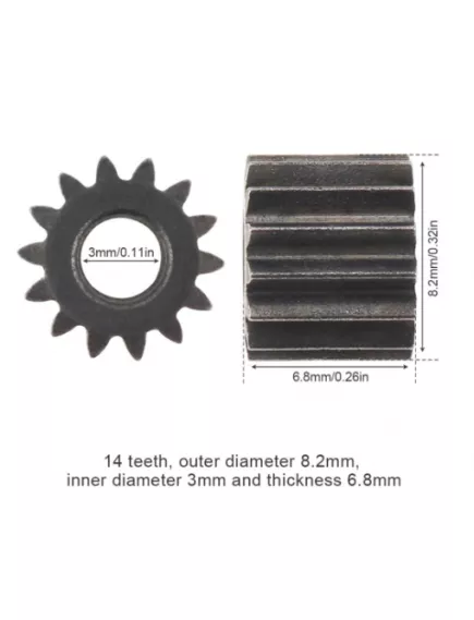 Шестерёнка для двигателя металл 8.2х6.8 1 ряд зубов ; кол-во зубов: 14 ; d=8.2мм ; толщина 6.8мм ; внутр. d=3.0мм - Шестерни для двигателей электроинструмента - Радиомир Саратов