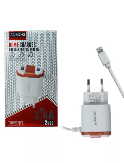 БЛОК ПИТ/ЗАРЯД УСТР 220V / USB-AFх2 DC 5V (2100mA / 1000mA) Aomosi Q1+Кабель Lightning 10W; длина кабеля=1 м; цв: белый; Для заряда мобильных телефонов / MP3 плееров планшетов/ iPad/ iPhone - Для мобильных устройств зарядные устройства - Радиомир Саратов