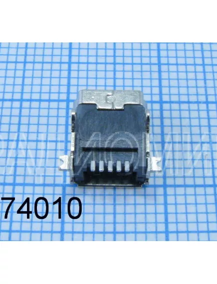 Разъем - гнездо miniUSB-B (5pin) на плату Горизонт.исполн; поверхност.монтаж (5 контактов- SMD/ 4 установоч.лепестка: 2- DIP; 2-SMD) края перед.торца- ровные (дл=9мм/шир=7мм) ( Mini USB-5S2 №135 ) -  5pin (разъем miniUSB) - Радиомир Саратов