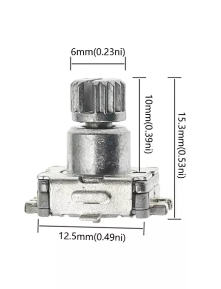 Энкодер  5pin 12х12х4,5мм SMD (L=10мм) (с кнопкой EC11) ручка мет. круг , накатка , разрезная D=6 (дискр.=30) без резьбы, Шаттл а/м	 - Энкодеры (Шаттл) - Радиомир Саратов