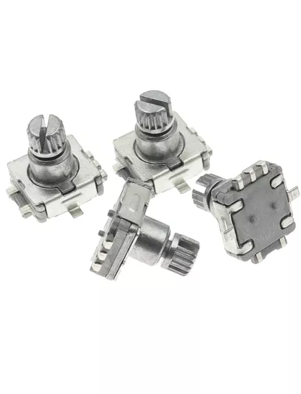 Энкодер  5pin 12х12х4,5мм SMD (L=10мм) (с кнопкой EC11) ручка мет. круг , накатка , разрезная D=6 (дискр.=30) без резьбы, Шаттл а/м	 - Энкодеры (Шаттл) - Радиомир Саратов