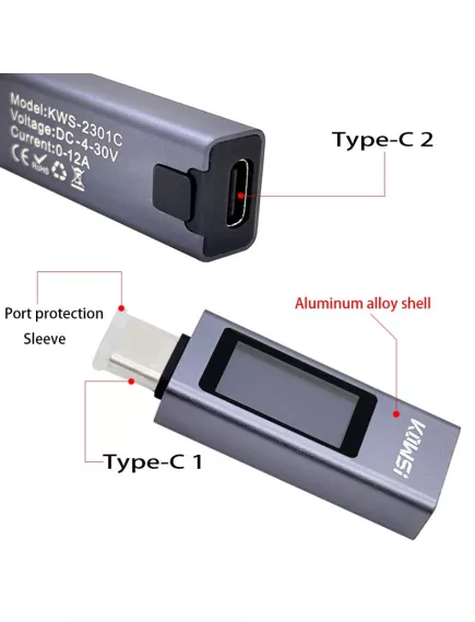 USB ТЕСТЕР напряжения и тока с портом TypeC; U=4 -30V; Ток=0-12A; Мощн: 0-360W; C=0-99999MAh; тестер напряжения и потребляемого тока USB устройствами, KOWSI (KWS-2301C) (DC Digital Voltmeter Amperimetro Current Voltage Meter) прямой; разм: 47х17х9мм; Вес: - 13.USB измерители напряжения, тока, ёмкости - Радиомир Саратов