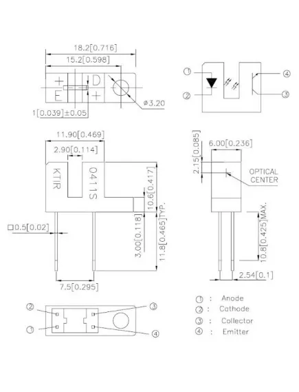 Датчик оптический щелевой KTIR0411S 4PIN (18,2х10,6х6мм, ширина прорези-3,08мм ) 30V (прерывание луча) форма корпуса Ц-образная фототранзистор 1-но отверст. для монтажа . Фотоинтерраптор (оптрон щелевой) - Датчики Щелевые-оптические - Радиомир Саратов