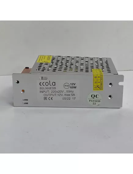 Блок питания для св/д техники, 12V, 5.0A, 60W, разъем под болт, "сетка", 112x80x37мм, IP20, вх: AC 220V, вх. разъем: разъем под болт, металл ECOLA B2L060ESB, Ecola -  1 - 6.25A 12V ( <75W)  IP20-IP67 Блоки пит.для св/д техники - Радиомир Саратов