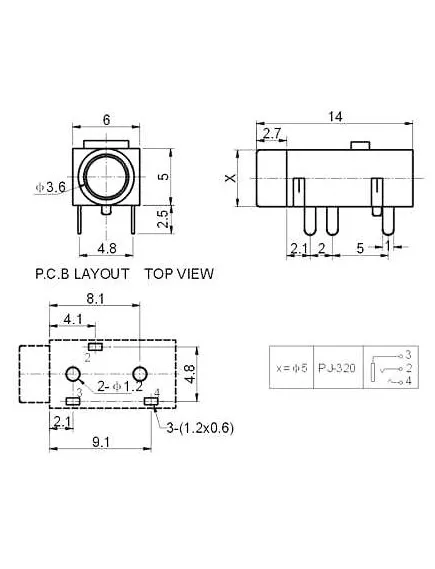 ГНЕЗДО 3.5 MM НА ПЛАТУ 5PIN с ВЫКЛ ,горизонтал. установ. 14х7х5  PJ-320 - Гнездо  5pin - Радиомир Саратов