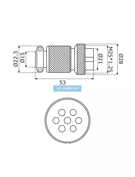 РАЗЪЕМ GX25M-7A (D25mm) 7PIN ГНЕЗДО НА КАБЕЛЬ под пайку металл.(ответная часть штекер на корпус GX25 25M-7H (13084)) - на кабель - Радиомир Саратов