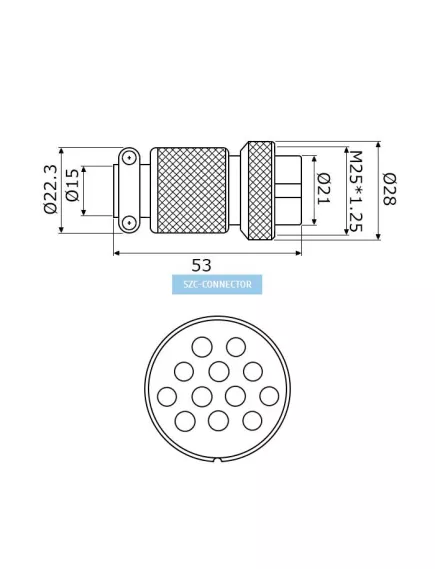 РАЗЪЕМ GX25M-12A (D25mm) 12PIN ГНЕЗДО НА КАБЕЛЬ под пайку металл.(ответная часть штекер на корпус GX25 25M-12H 13088) - на кабель - Радиомир Саратов