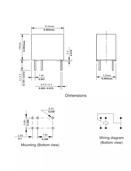 Реле э/м DC24V 2A 6pin, пайка (PCB), Контакты: 1 перекл.группа (1С) (24VDC/1A; 120VAC/1A) 12,5x7,5x10,3мм (QIANJI JRC-23F-24VDC-S-0.2) -  2А/24VDC (ток /раб.напряж. реле) - Радиомир Саратов