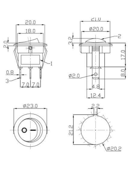 Клавишный переключатель круглый, 3pin, ON-OFF, AC 220/250V 6.0A, под клеммы 4.8мм, подсв.:зеленый, 17x12мм, d:20мм Фланец: 23мм, IP55, корпус: белый (SC777, SC-777) - Круглый "мини" - Радиомир Саратов