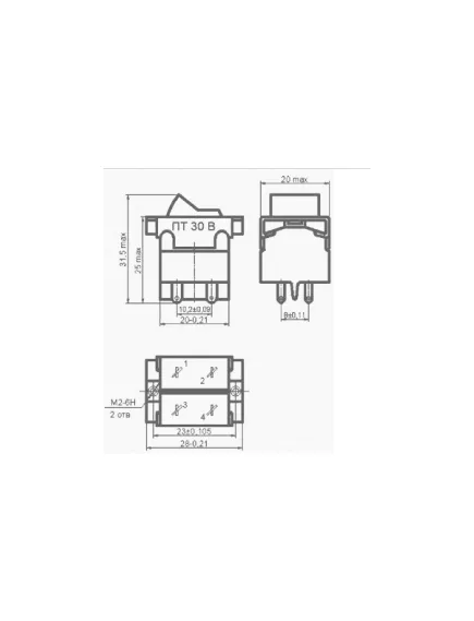 Тумблер клавишный прямоугольная, 4pin, 2xON-OFF, AC 220/250V 0.5A, под пайку, 20x20мм, Фланец: 28х20мм, корпус: зеленый (ПТ30В) - Тумблеры 250V клавишные - Радиомир Саратов