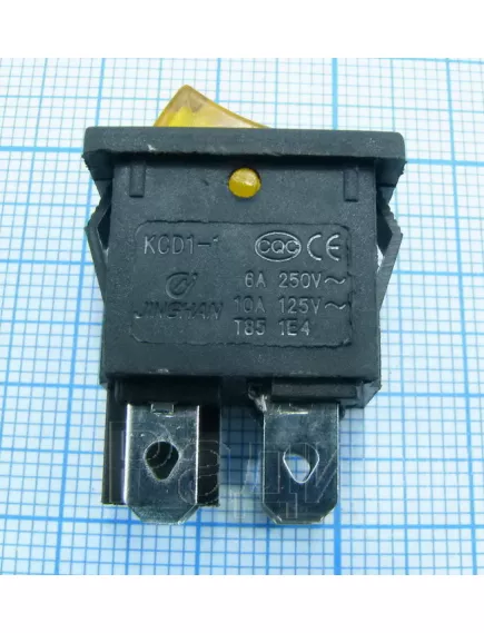 Клавишный переключатель прямоугольный автомобильный, 4pin, ON-OFF, 12V 6A, подсв.:желтый (U:3V), 19x13мм, Фланец: 22х15мм, IP55 (KCD1-104/N, MIRS-101, Sc-778) - Прямоугольный "мини" - Радиомир Саратов