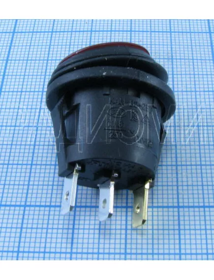 Клавишный переключатель круглый автомобильный, 3pin, ON-OFF, 12V 6A, подсв.:красный (U:3V), d:18мм Фланец: 21мм, IP65 Влагозащ. (SB040-12, влагозащита) - Круглый "большой" - Радиомир Саратов