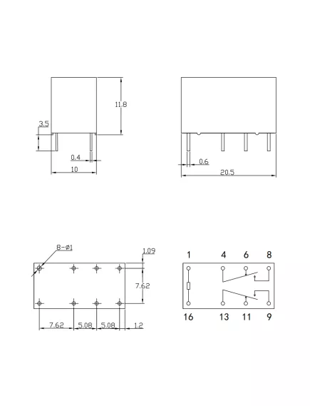 Реле э/м DC24V 2A 8pin, пайка (PCB), Контакты: 2 перекл.группы (2С) (24VDC/2A; 120VAC/1A) 20x10x11,8мм (HJR1-2C L-24VDC) -  2А/24VDC (ток /раб.напряж. реле) - Радиомир Саратов