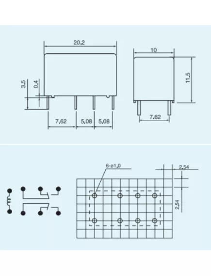 Реле э/м DC24V 2A 8pin, пайка (PCB), Контакты: 2 перекл.группы (2С) (30VDC/2A; 125VAC/1A) 20x10x12,2мм (QIANJI JRC-19F(4078)-24VDC-0.2) -  2А/24VDC (ток /раб.напряж. реле) - Радиомир Саратов