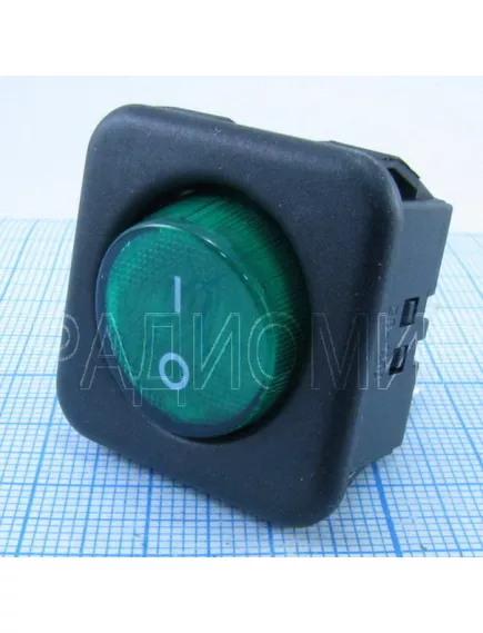 Клавишный переключатель круглый, 4pin, 2xON-OFF, AC 220/250V 16A, подсв.:зеленый, 27x22мм, Фланец: 32х25мм (RK1-05N) - Круглый "мини" - Радиомир Саратов